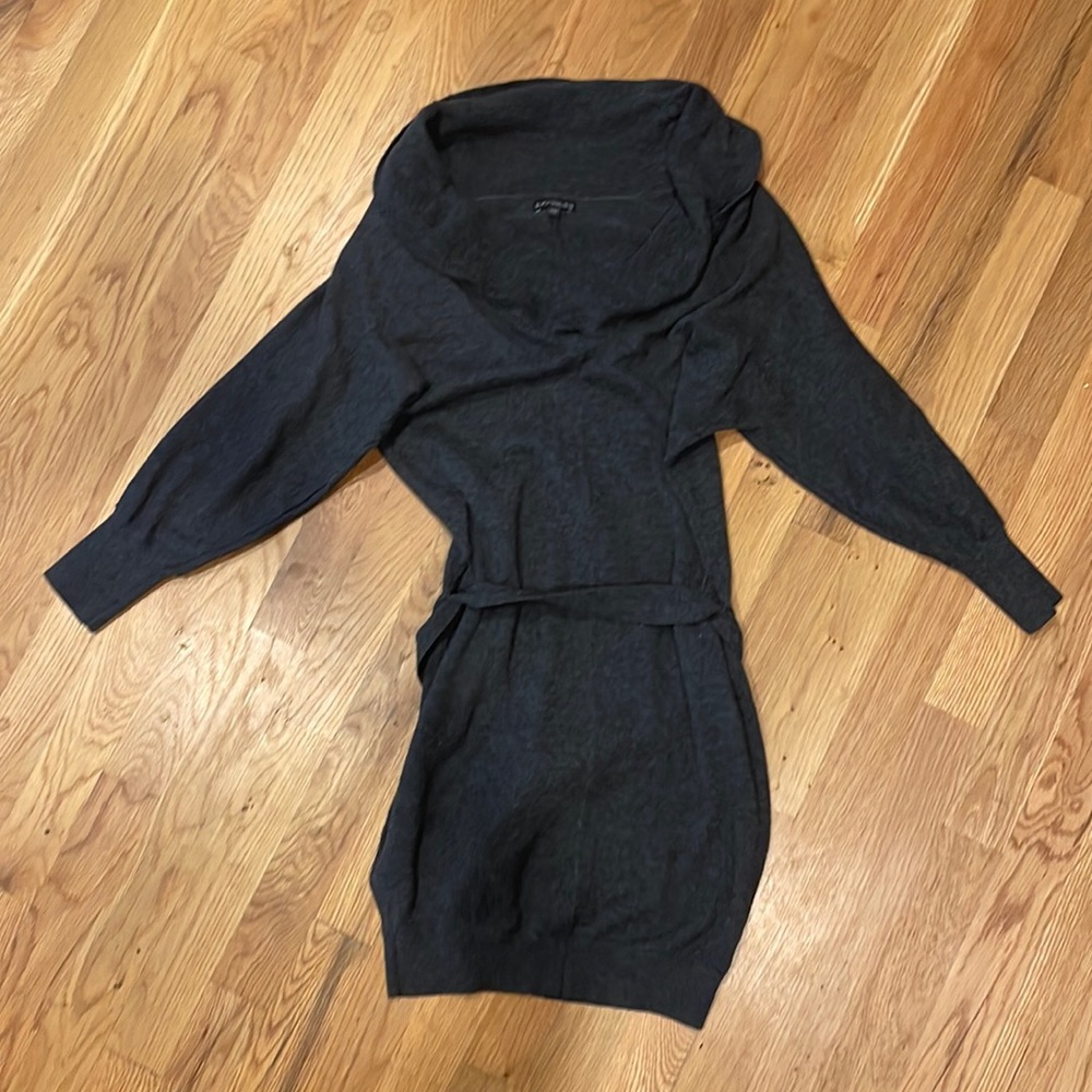 Express Charcoal Cowl-neck Dress With Waist Tie